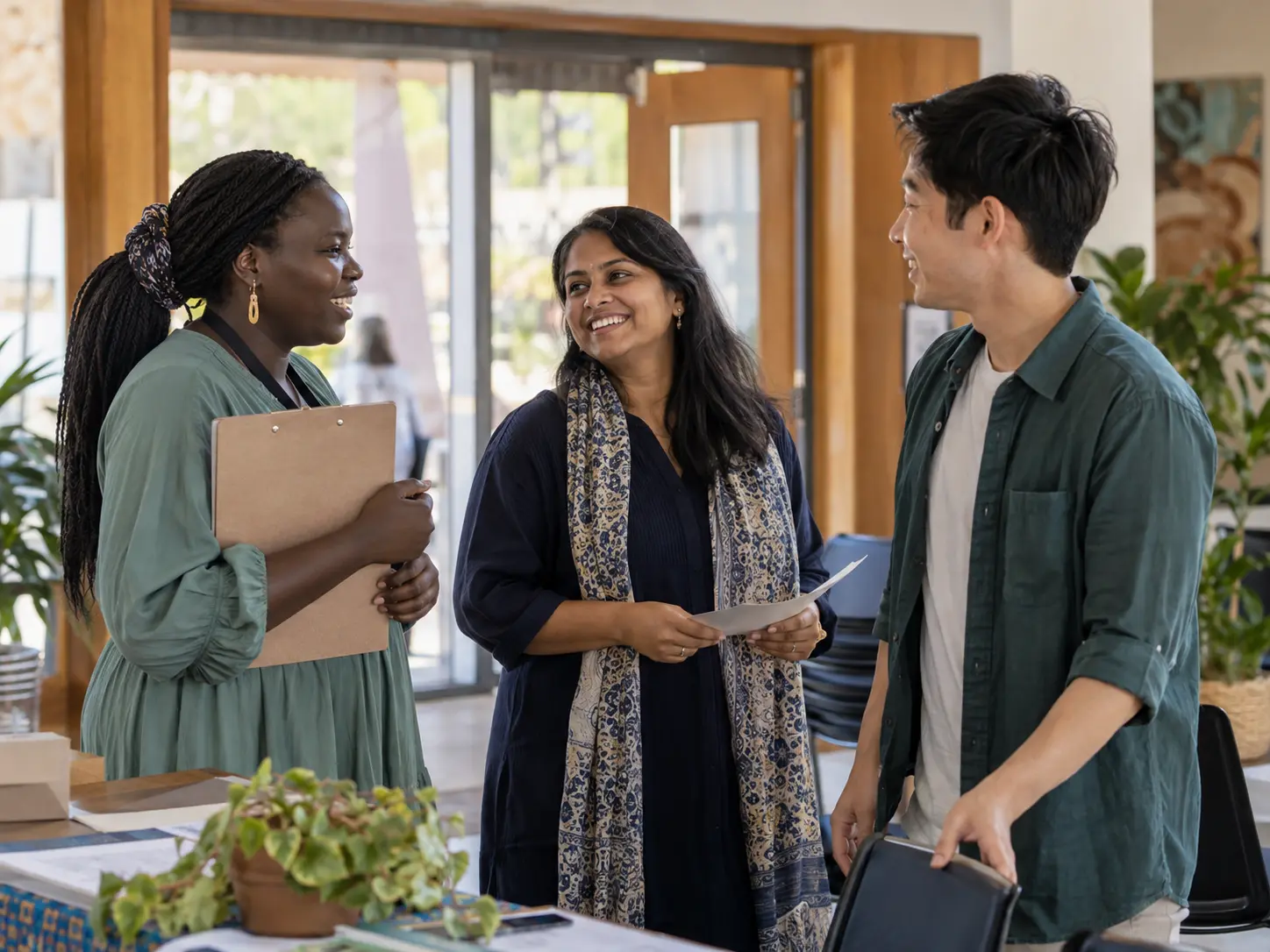 African, Indian and Asian community organisers preparing a welcoming learning event