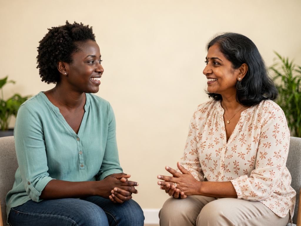 Two adults sharing a respectful conversation.